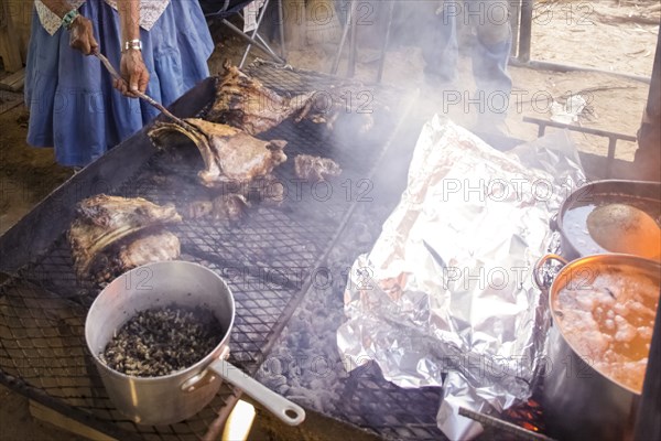 Woman cooking food on smoking grille