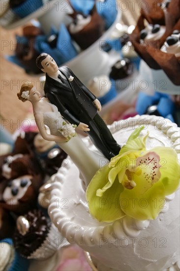 Bride and groom toppers on wedding cake