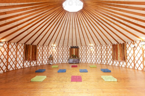 Exercise mats in empty yurt