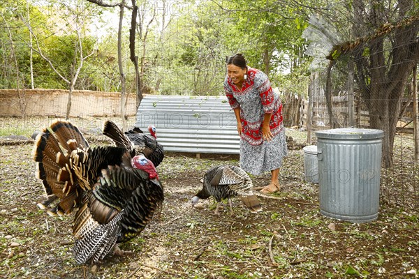 Mixed race woman smiling at turkeys