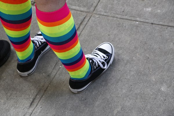 Person wearing rainbow socks