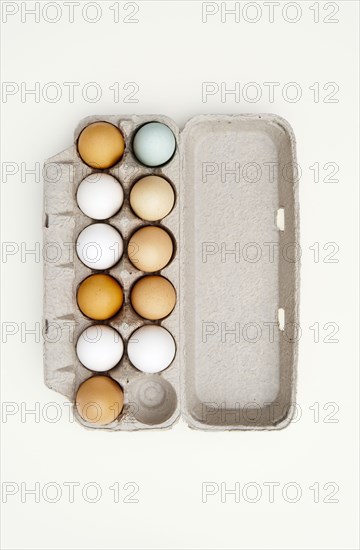 Colored eggs in egg carton