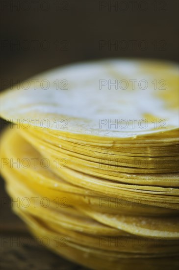 Close up of dumpling wrappers in a stack