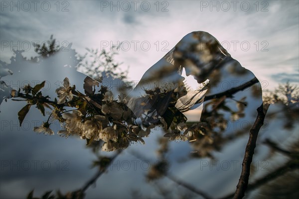 Double exposure of Caucasian couple and flowers at sunset