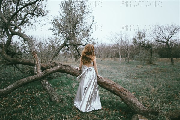 Glamorous location woman standing near fallen tree