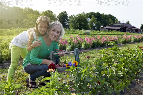 Caucasian grandmother and granddaughter picking flowers on farm