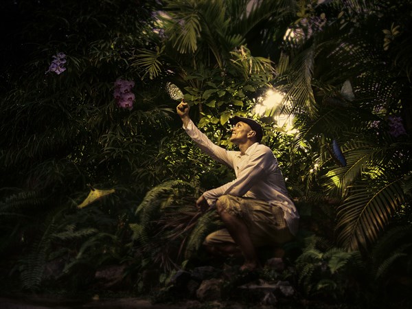 Caucasian man exploring butterflies in remote forest