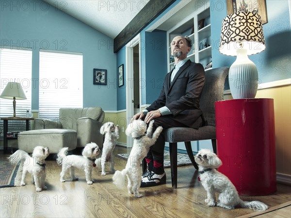 Caucasian businessman ignoring begging dogs