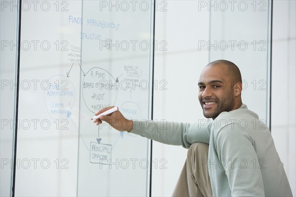 African businessman writing on clear dry erase board