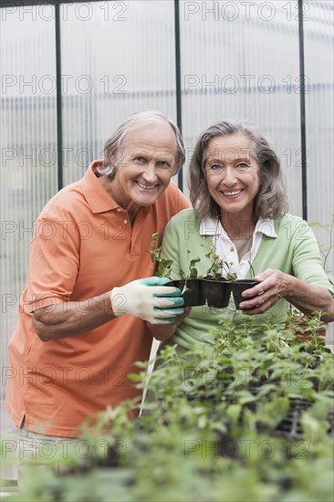 Couple potting plants in greenhouse