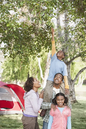 Family picking fruit together in park