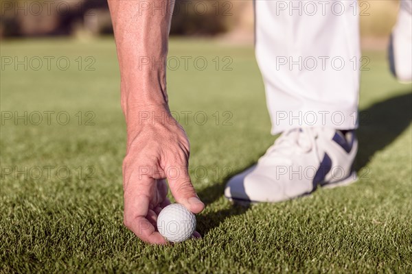 Hispanic golfer placing golf ball on tee