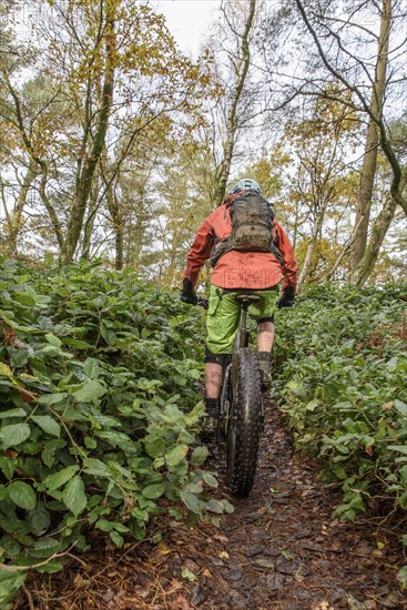 Caucasian man riding bicycle in forest