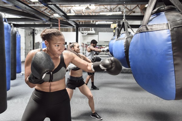 Boxers punching bags in gymnasium