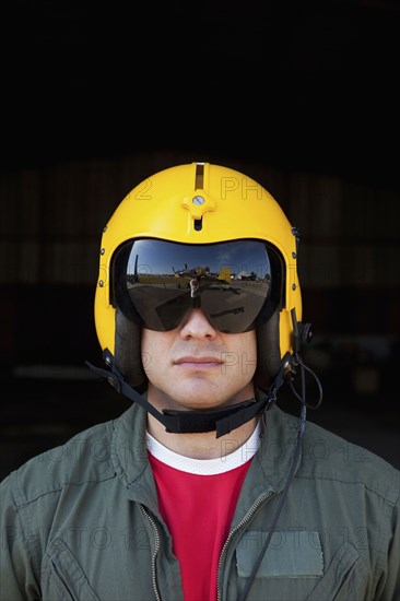 Caucasian pilot in helmet