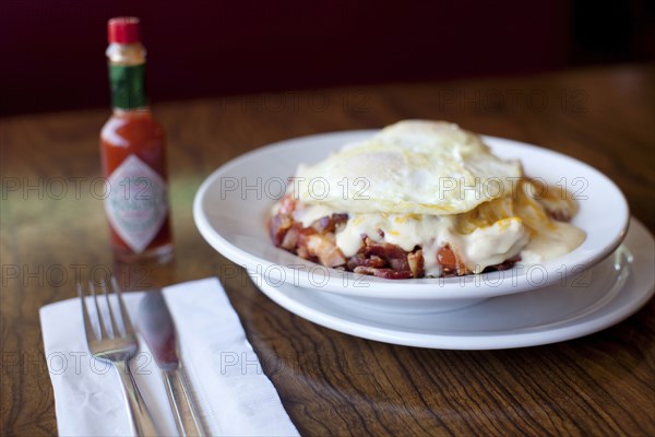 Close up of egg breakfast on plate