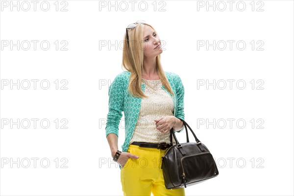 Caucasian woman carrying purse