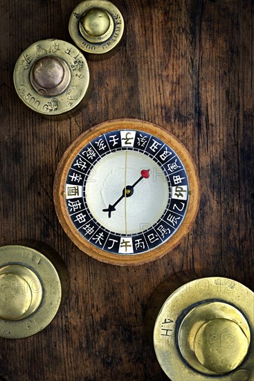 Close up of Chinese compass and gold weights