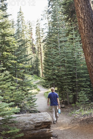 Man hiking on dirt trail in forest