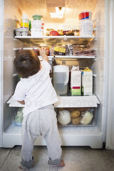 Mixed race baby boy exploring refrigerator