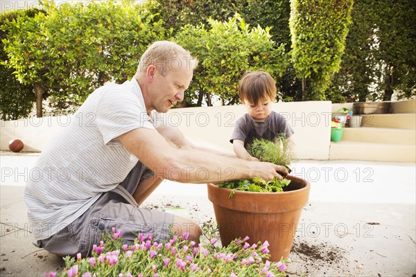 Father and son putting plant in pot