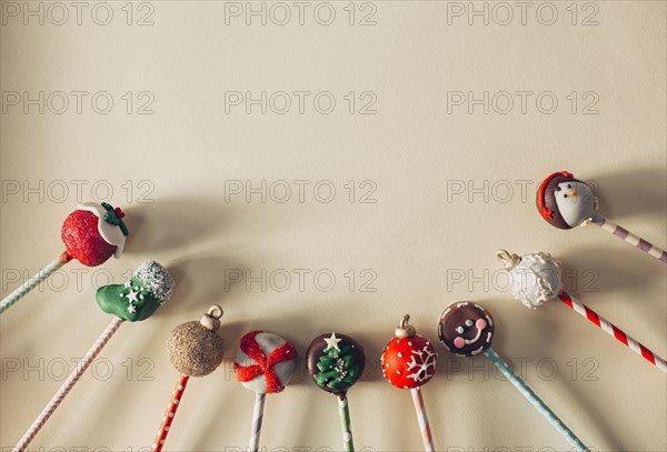 Close up of decorated Christmas candy lollipops