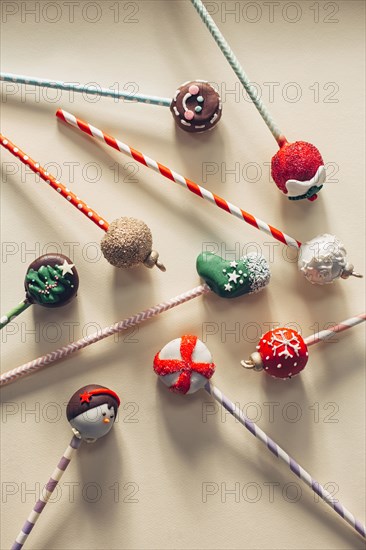 Close up of decorated Christmas candy lollipops