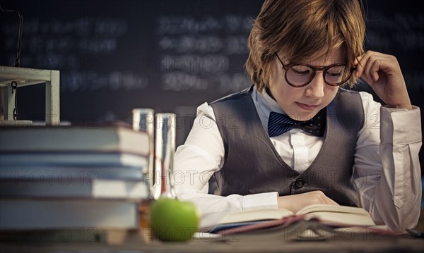 Student reading book at desk in classroom