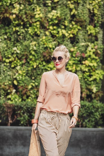 Caucasian woman walking outdoors