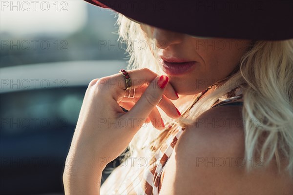 Close up of Caucasian woman looking down