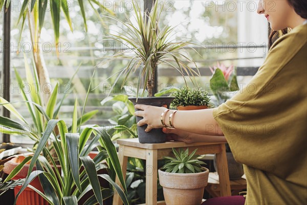 Caucasian woman holding potted plant