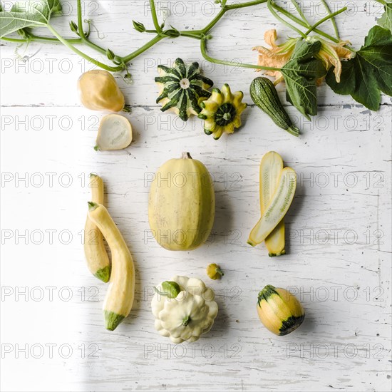 Variety of gourds on white wooden table