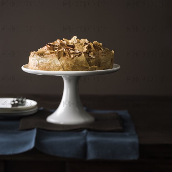 Flaky cake on tray