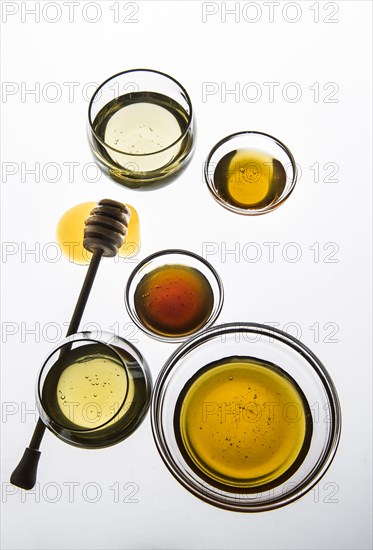 Variety of honey in bowls