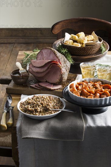 Sliced ham on buffet table