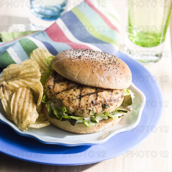 Salmon burger with potato chips