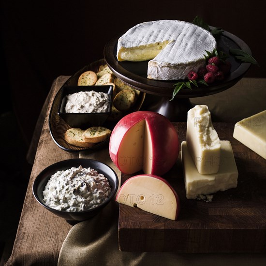 Assorted cheeses and dips and bread