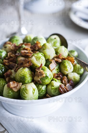 Bowl of brussels sprouts with bacon