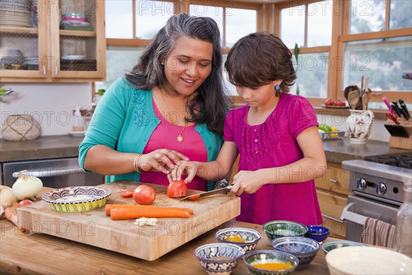 Mother and daughter cooking in kitchen