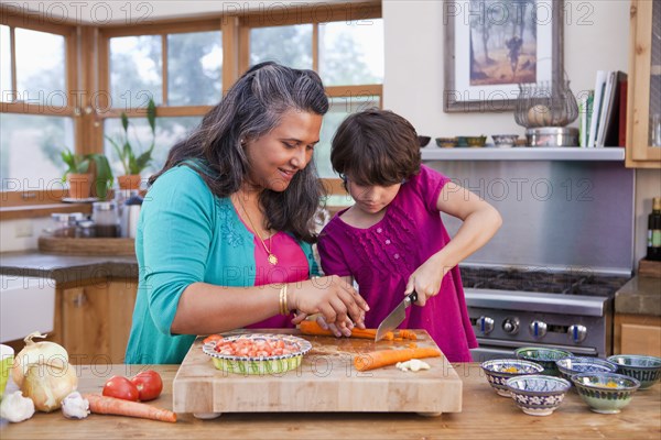 Mother and daughter cooking in kitchen