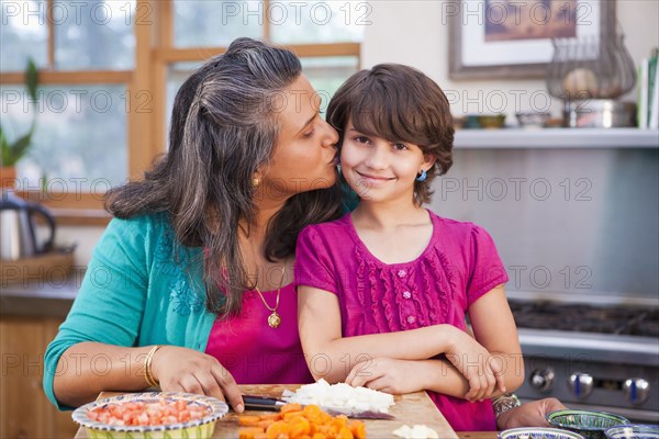 Mother and daughter cooking in kitchen