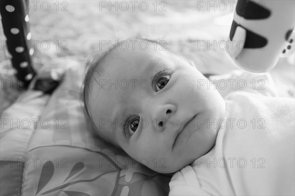 Caucasian baby boy laying on blanket