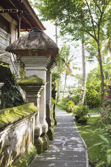 Pathway along moss covered stone building