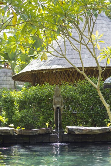 Statue fountain emptying into tropical pool