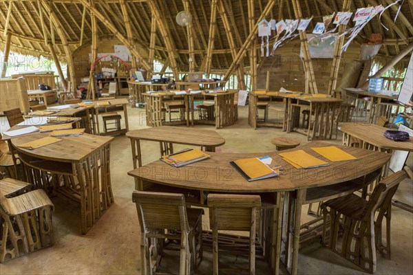 Circular desks in bamboo classroom