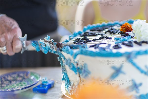 Woman cutting birthday cake at party