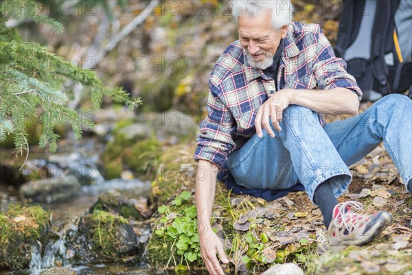 Caucasian hiker dipping fingers in forest creek