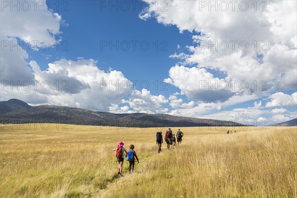 Caucasian children walking in grassy field in remote landscape