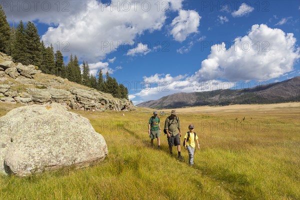 Caucasian men and boy hiking in grassy remote landscape