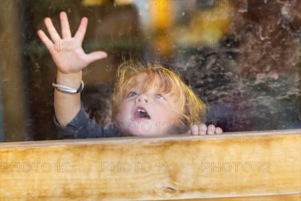 Caucasian baby pressing hand to window